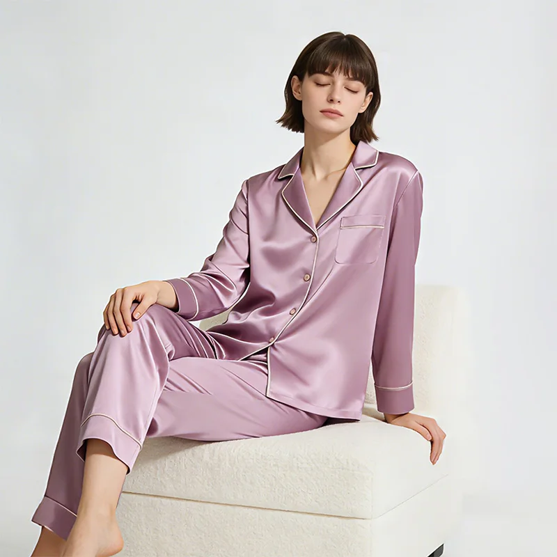 100% Natural Silk Women Pajamas Set 19 Momme Long Sleeve Button-Down Sleepwear Luxury Nightwear for Ladies Loungewear