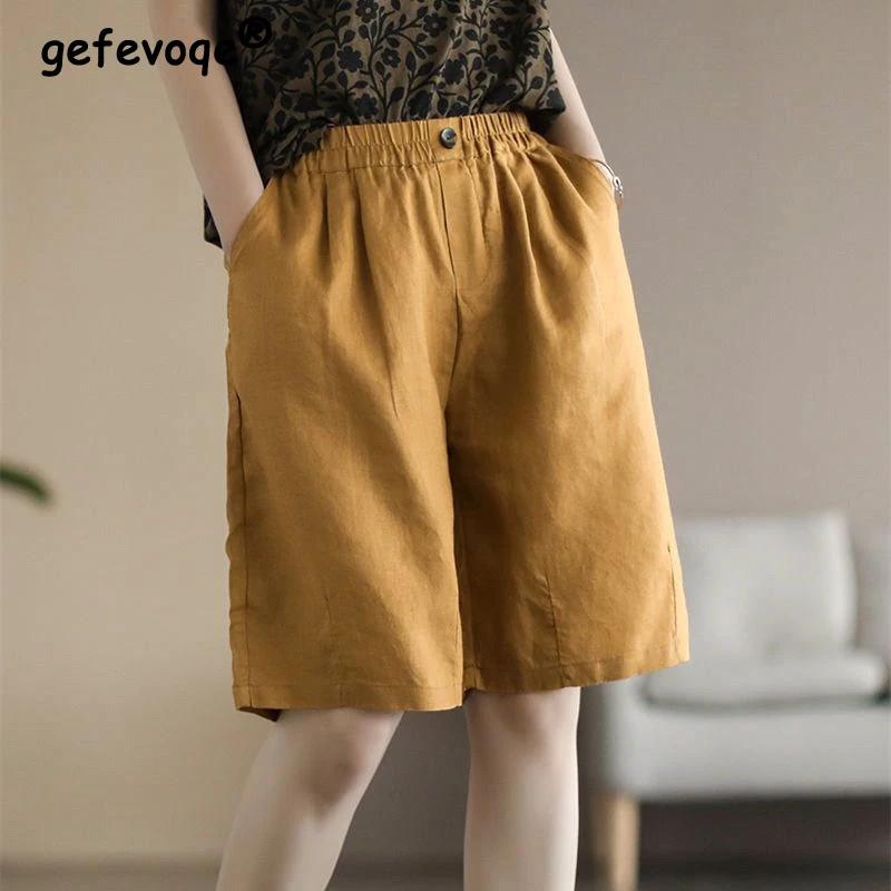 2024 Summer Women Vintage Simple Casual Cotton Linen Straight Short Pants Female Solid High Waist Pocket Loose Beach Shorts Ropa