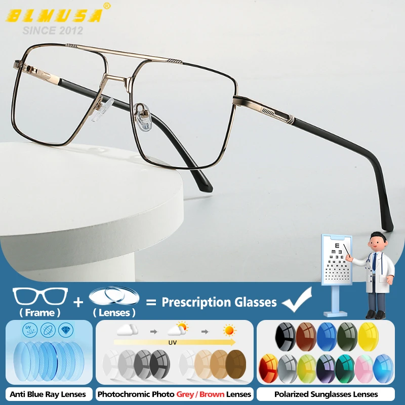

BLMUSA Trendy Blue Light Filter Prescription Glasses Men Photochromic Polygonal Reading Eyeglasses Polarized Driving Sunglasses