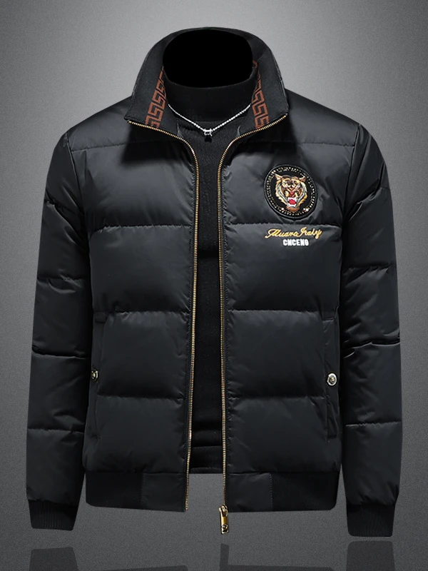 

Мужская роскошная утепленная зимняя пуховая куртка с вышивкой, воротником-стойкой, теплая, молодежная, с длинными рукавами, укороченная, на молнии