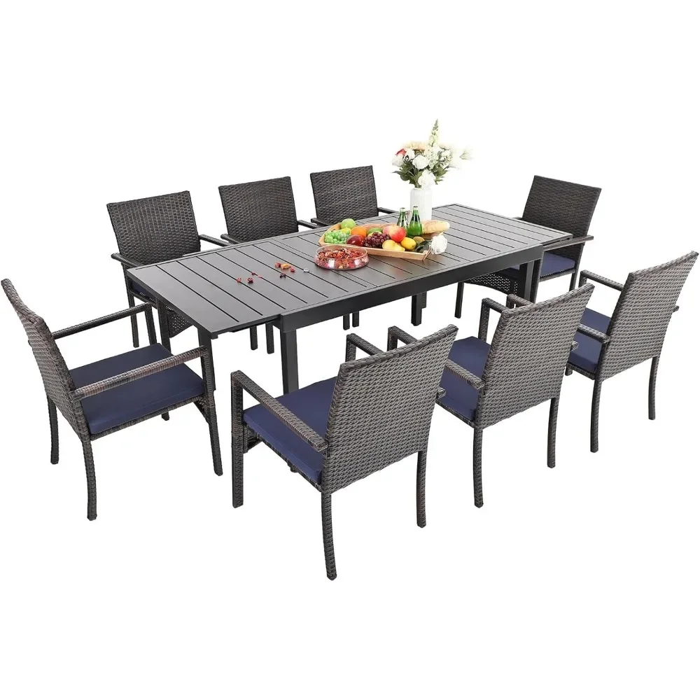 Garden Table Set, Outdoor Expandable Rectangle Metal Tables and PE Rattan Chair, Conversation Furniture, Garden Table Set