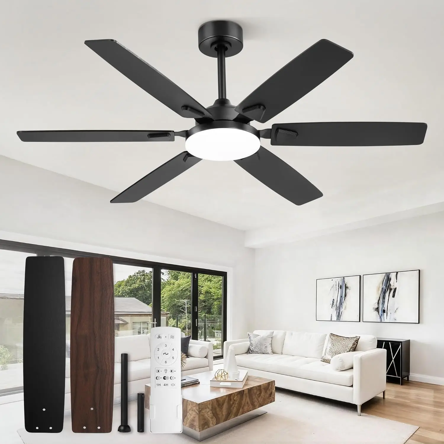 52 Inch Ceiling Fan with Lights, Indoor/Outdoor, Quiet DC Motor, 6-Speed Remote, Reversible Blades, 3CCT