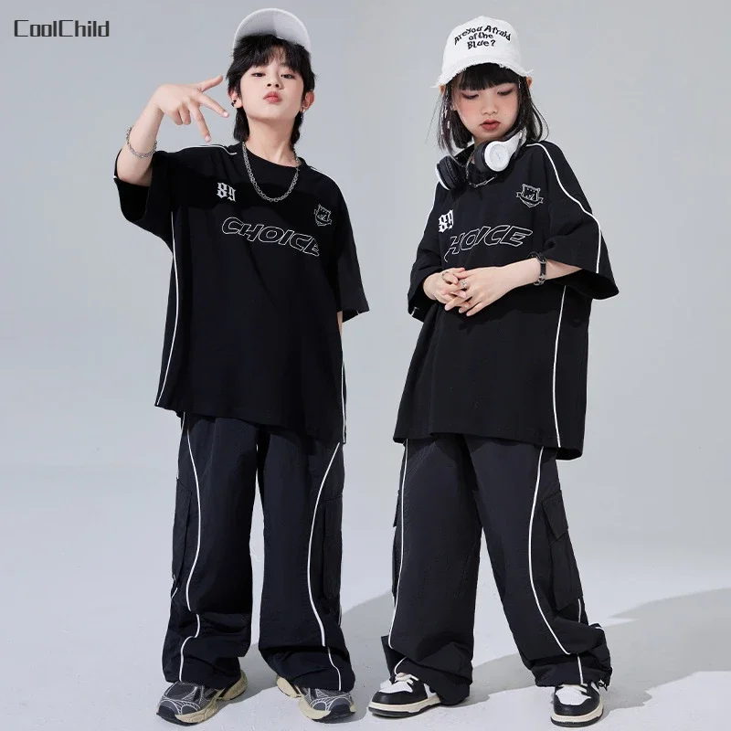 

Boys Hip Hop Black Motorcycle T-shirt Cargo Pants Girls Street Dance Kids Loose Joggers Children Costumes Teens Clothes Sets