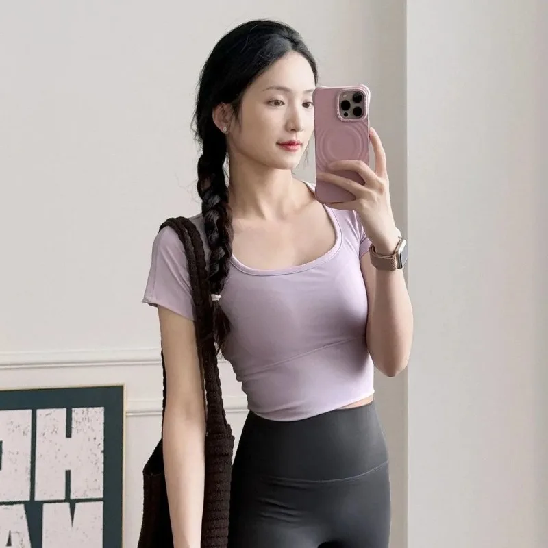 Women Backless Yoga Top with Built in Bra Breathable Short Sleeve Workout Shirt