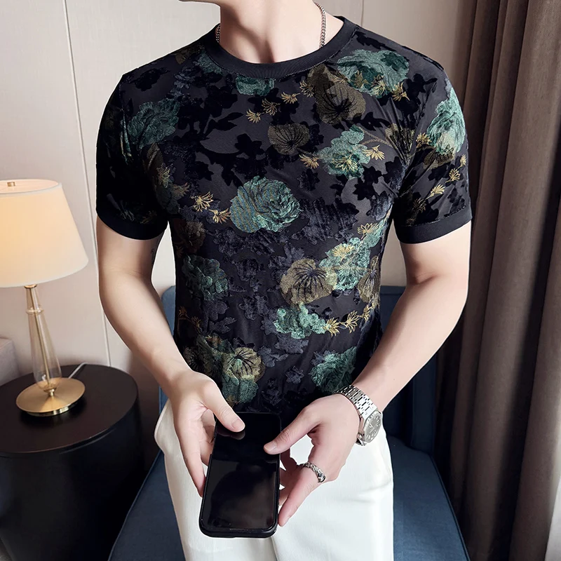 Sexy Mesh Hollowed Out See Through T-shirt Men Summer Short Sleeve Jacquard T-shirts Round Neck Casual Social Street Wear Tee