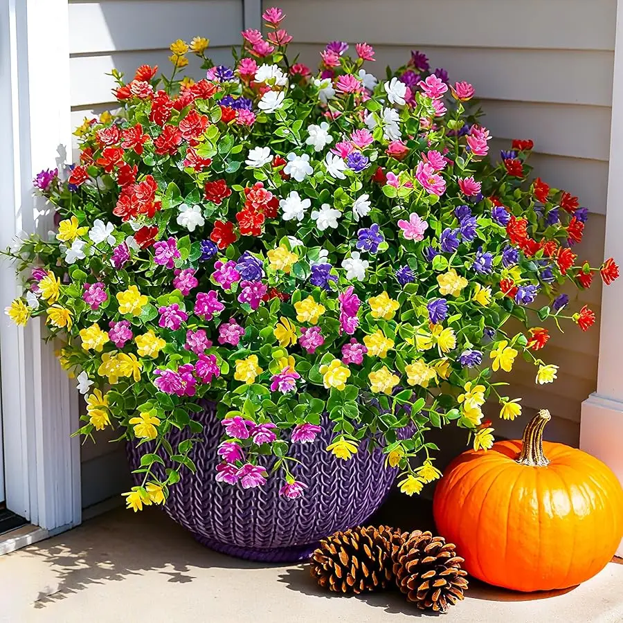 

Artificial Fake Fall Mums Flowers Plants for Outdoors Indoor Decoration, 12 Bundles Faux Plastic Mix-Colored Daisy Flowers UV Re