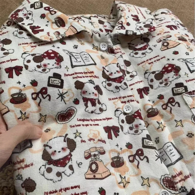 

Мягкий пижамный костюм из 100% хлопка Kawaii Puppy с мультяшным принтом Pijamas De Mujer, одежда для дома, женские однобортные верхние брюки, 2 шт.