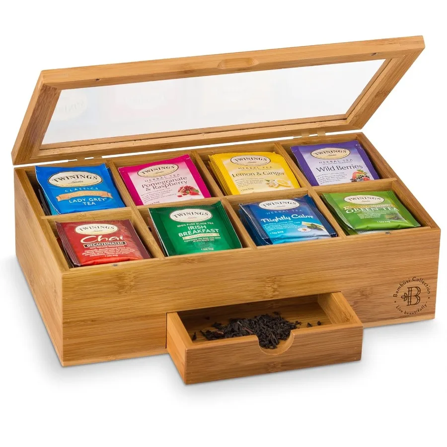 Bamboo Tea Box Storage with Drawer and Acrylic Window for Efficient Tea Bag Organization in Home Kitchen Compact Tea Organizer
