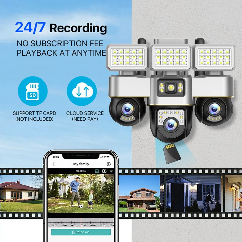 واي فاي كاميرا مراقبة بعدسة ثلاثية 12MP في الهواء الطلق PTZ CCTV كامل اللون للرؤية الليلية إضاءة مقاومة للماء كاميرا ويب اتجاهين الصوت