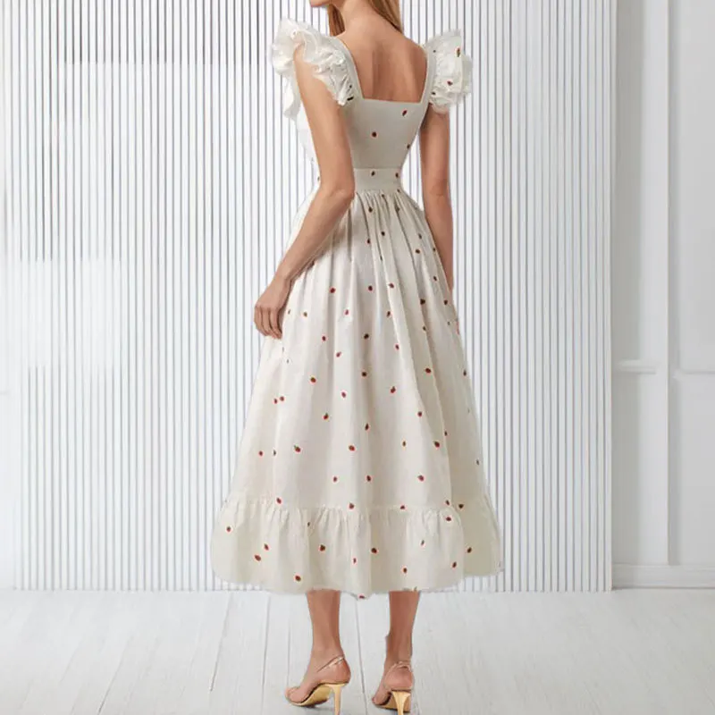 Mode Bloemen Verstoorde Vierkante Kraag Vrouwen Jurk Casual Vliegende Mouwen Hoge Taille Grote Vest Elegant Vrouwelijk Overhemd Een Lijn Jurk
