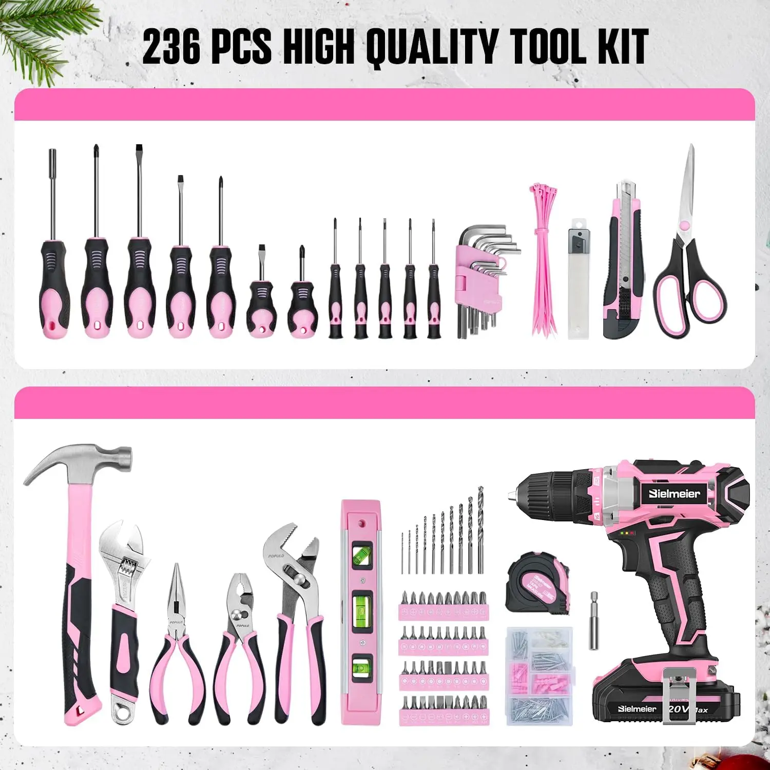 20V 236Pcs Cordless Pink Drill Set - Essential Women'S Pink Tool Set, Lady'S Basic Home Tool Kit With Pink Tool Bag - All In