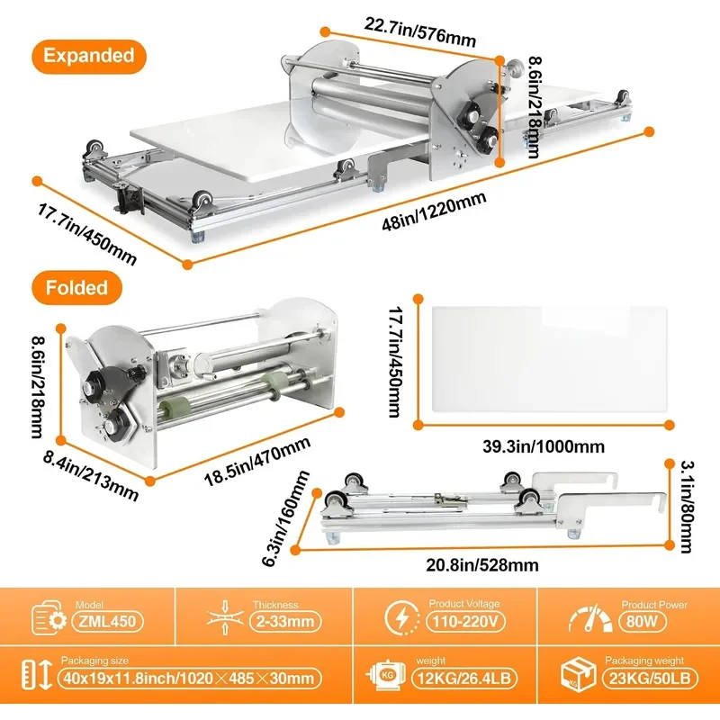 Electric Dough Sheeter 48x17.7 2-30mm Precise Thickness Adjustable Food-Grade Stainless Steel PE Non-Stick Board Professional