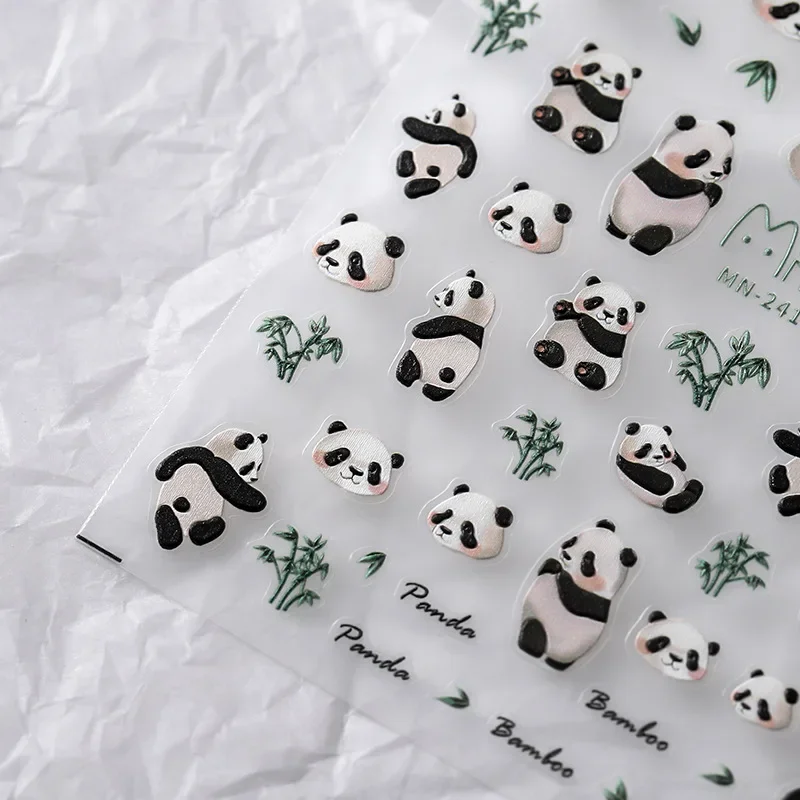 1PCS Cute Cartoon Little Expression Nail Stickers Lovely Panda Green Bamboo 5D Embossed Reliefs Self Adhesive Nail Art Decals