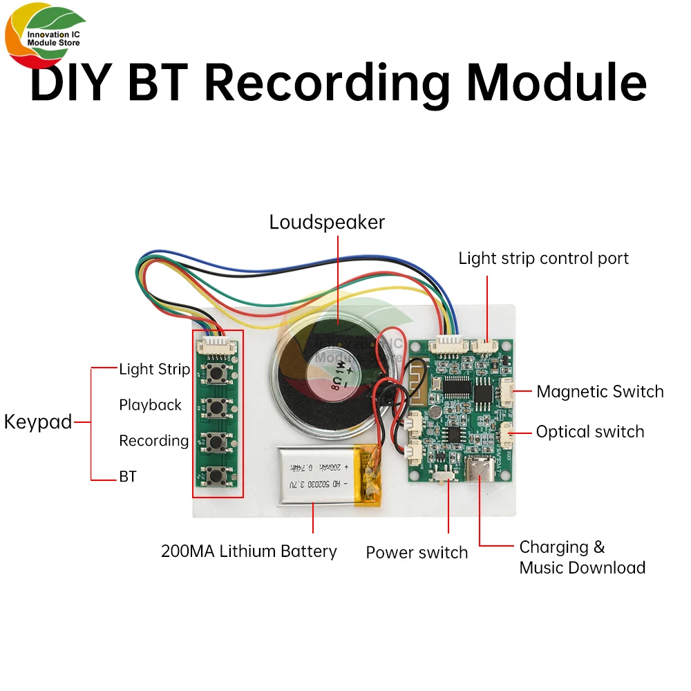 Módulo de gravação bluetooth diy, placa de decodificação de mp3, módulo de movimento de placa de gravação, capacidade de 8m, reprodutor de mp3