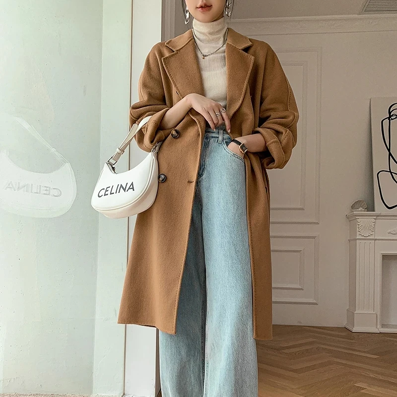 

Long Wool Coat Women 2022 Fall Winter Solid Chic Drop Shoulder Outerwear With Belt Lady Elegant Double-breasted Woolen Overcoat