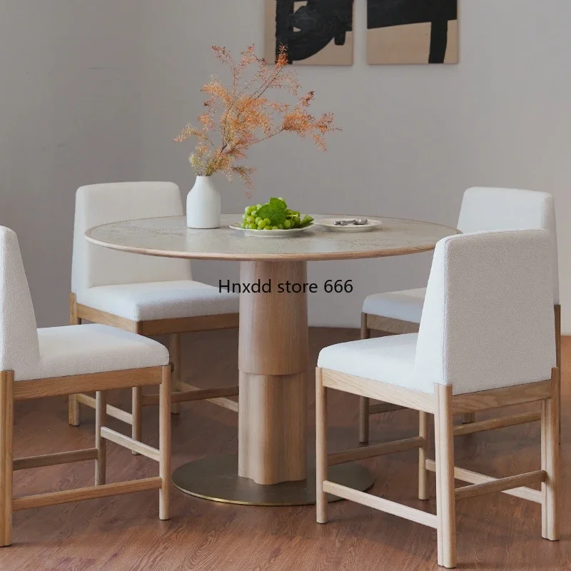 Solid wood rock slab dining table round table living room home light luxury