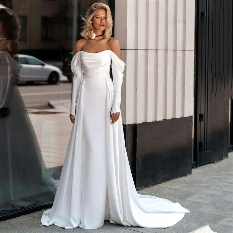 

vestidos de novia Simple Wedding Dresses Women Mermaid Open Back Long Sleeve Pleat Strapless Bridal Gowns Customize To Measures