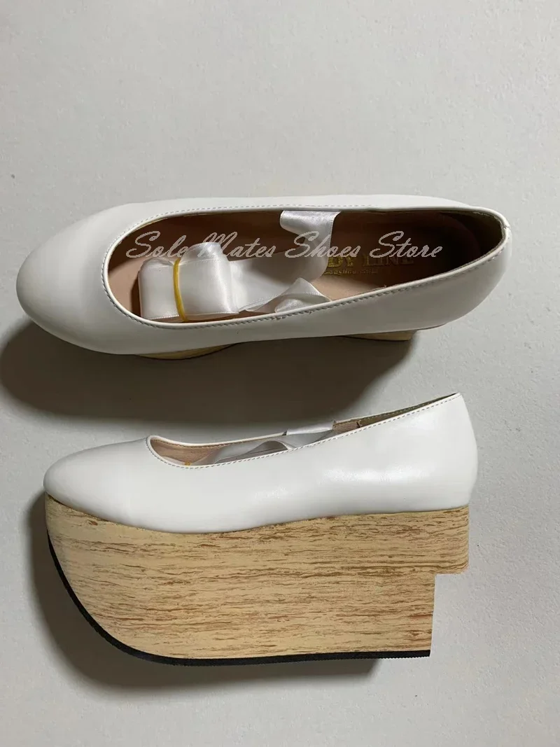 Sol Platform Serat Kayu Trendi Sepatu Wanita Ujung Bulat Sepatu Balet Tali Hak Tinggi Bawah Tebal Sepatu Kuda Goyang Buatan Tangan