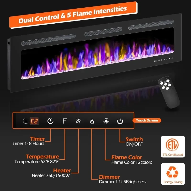 Electric Fireplace Wall Mounted and Recessed  Remote Control,Ultra-Thin Wall Fireplace Heater W/Timer Adjustable Flame Color