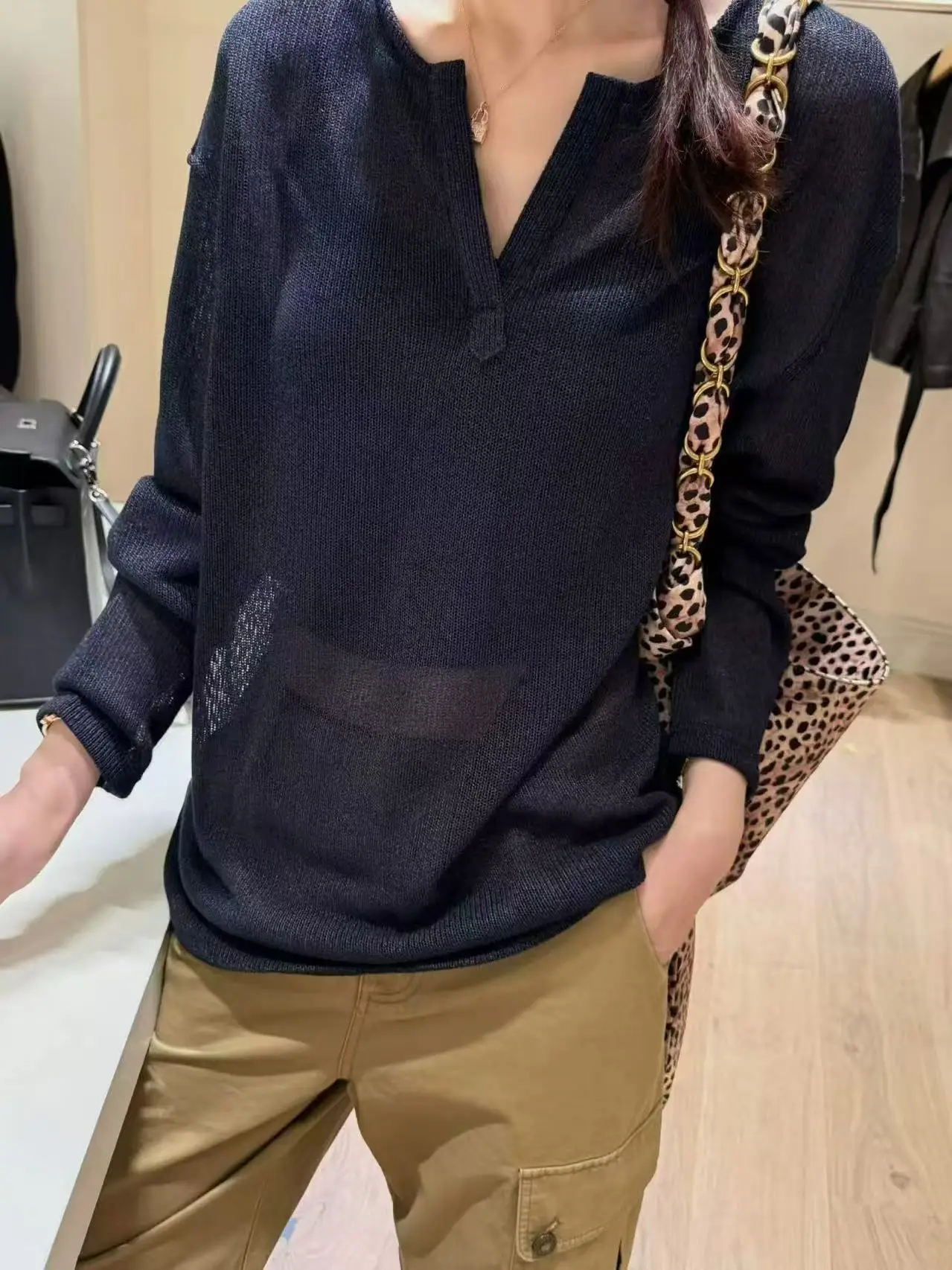 

Aotuxiu Pure Color Thin Long Sleeve V-Neck Knitwear Korean Style Loose Slimming Top for Women Spring Summer New Arrival