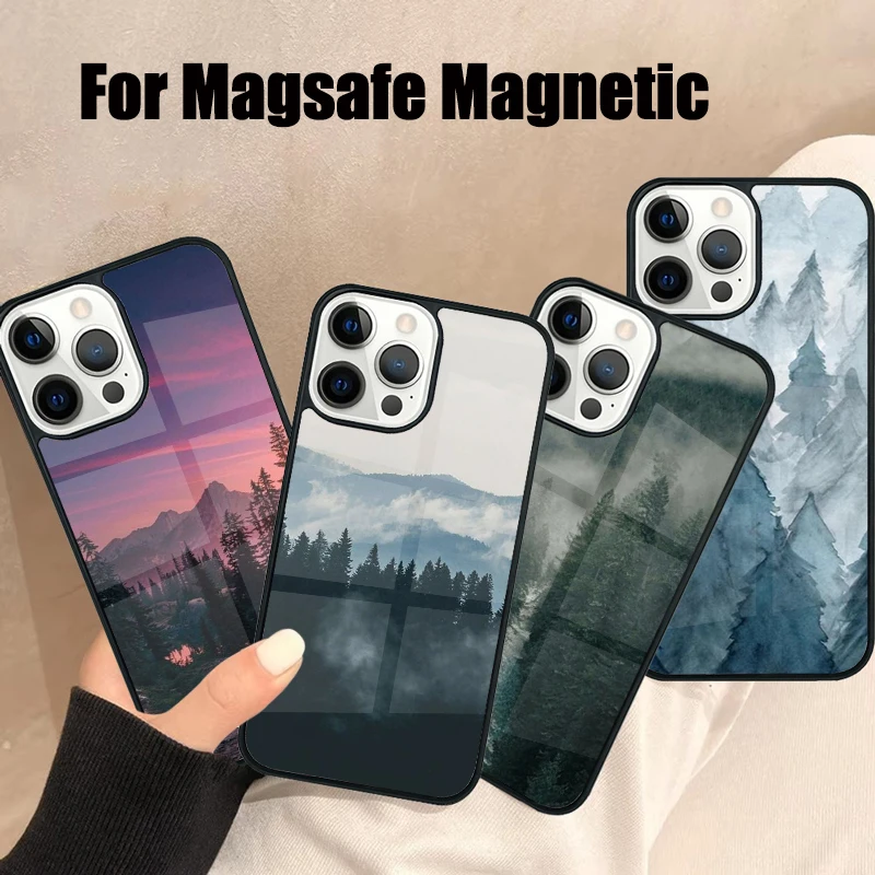 

Чехол для телефона Magsafe Forest Trees Mountain для iPhone 16, 15, 14, 13, 12, 11 Pro Max Plus, мини-зеркало, беспроводной магнитный чехол