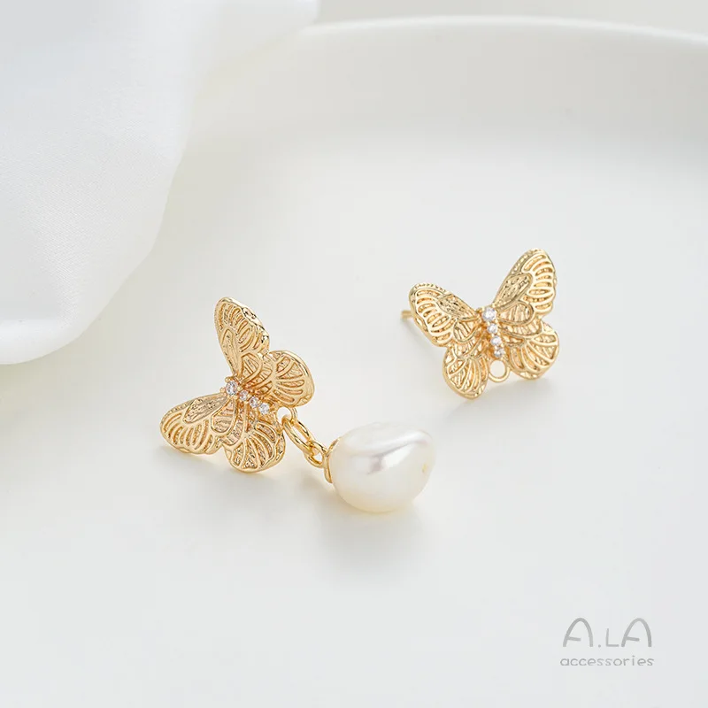

14K Gold Color Zircon Inlaid Butterfly with Hanging Rings Sweet Handmade DIY Earring Jewelry Making Accessories
