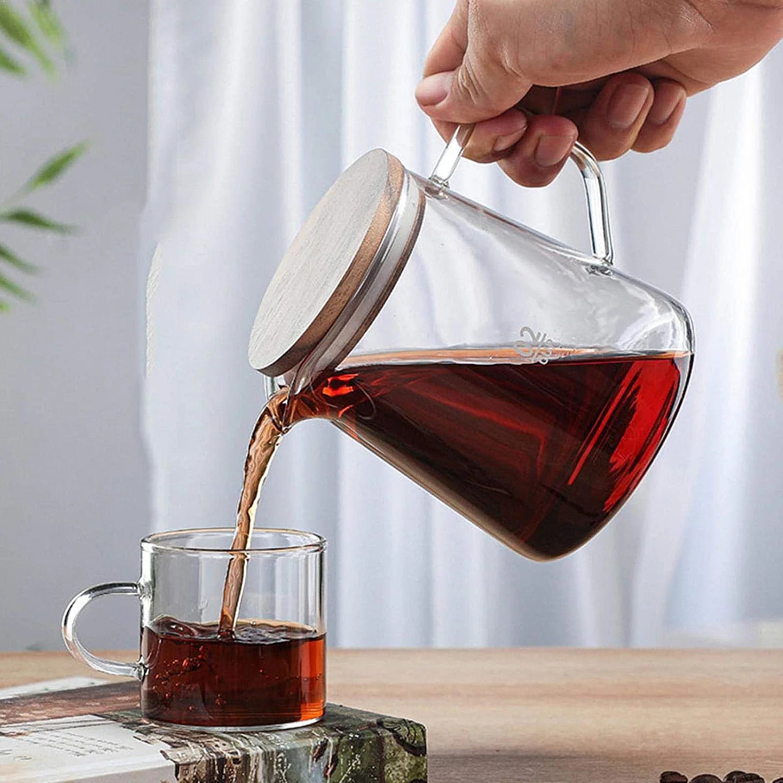 

1 pc 1 Glass Kettle with Acacia Wood Lid Ideal for Coffee Tea Scale Design for Precise Measurement