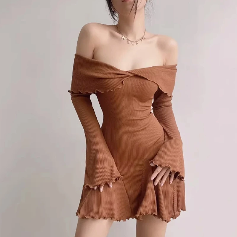 ECR Solid Sexy Slimming Dresses For Women Slash Neck Off The Shoulder Sleve High Waist Elegant A Line Short Dress Female New