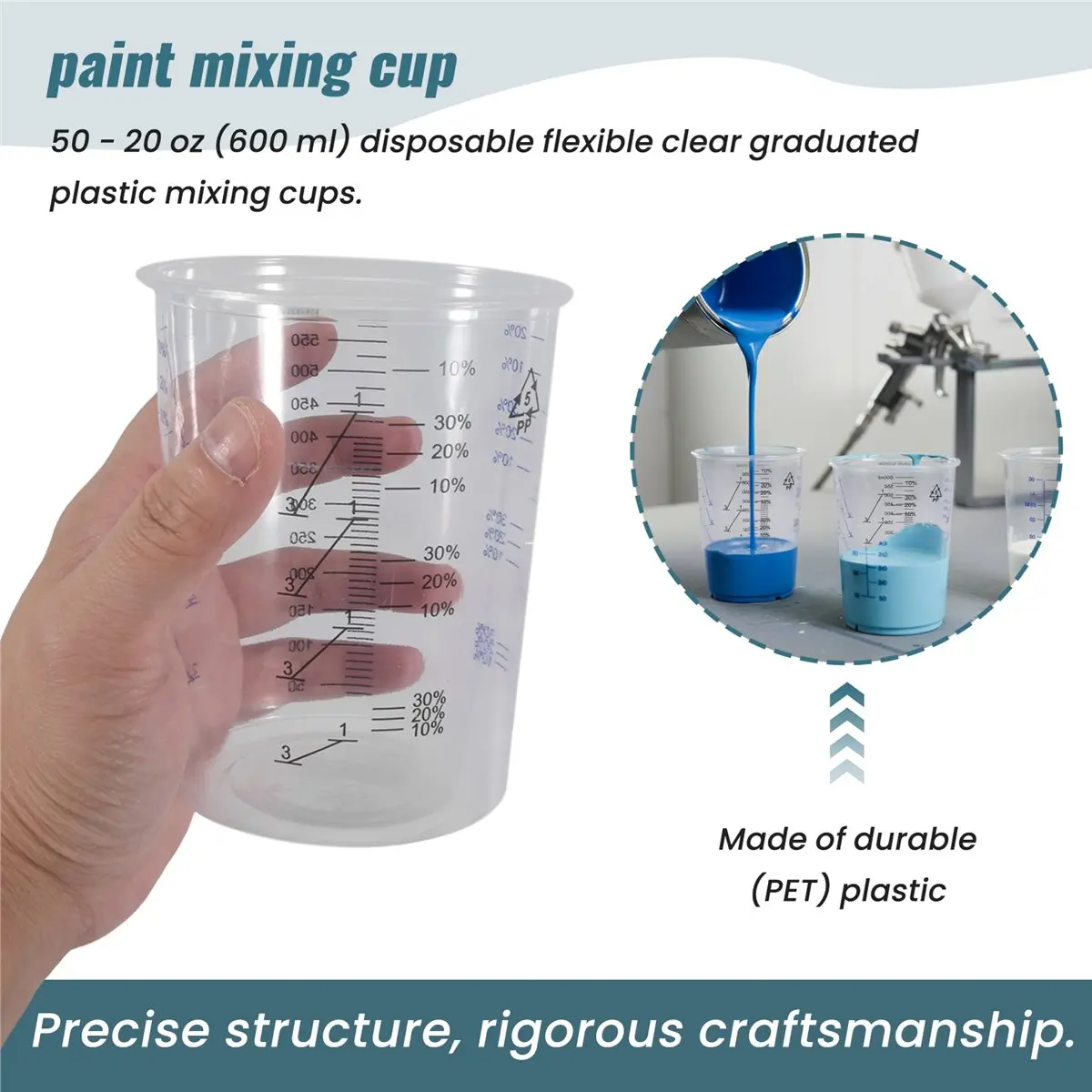 ABCL 20 Oz (600Ml) Disposable Flexible Clear Graduated Plastic Mixing Cups - 50 Cups - Use for Paint, Resin, Epoxy, Art