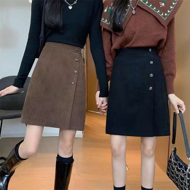 Women's Autumn Winter Corduroy Mini Skirts Lady Graceful Slim High Waist Solid Button Skirt 2025 New Clothing Female