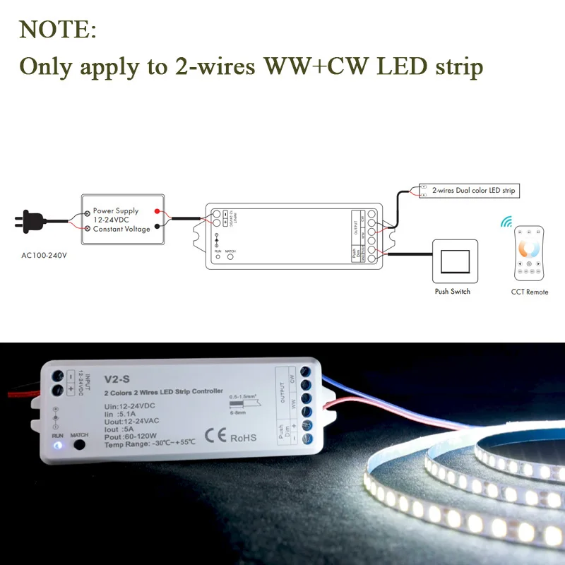 CENFAYA 2-Wires WW+CW CCT Controller  DC 12V 24V Dimmer With Push Dimming Only apply to 2 wires WW+CW LED Strip RF 2.4G Remote