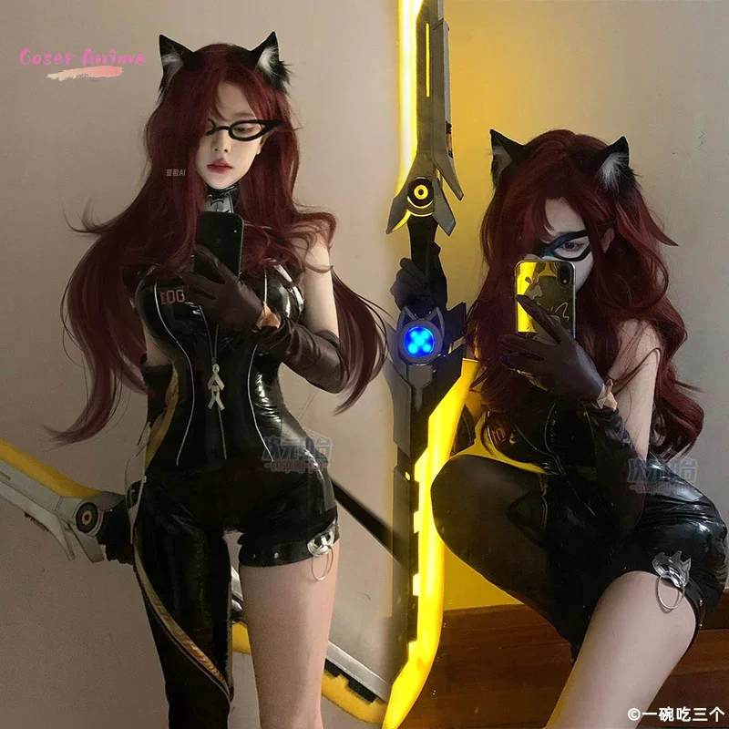 

Game Honor of Kings A Ke Cosplay Night Cat Girl Optimized Edition PU Leather jumpsuit Complete Set