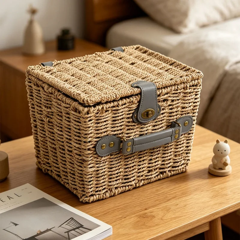 

Water Plants Handmade Woven Suitcase Retro Storage Box Square Picnic Handbag Vegetable Basket Bag Wedding Souvenir Gift Box
