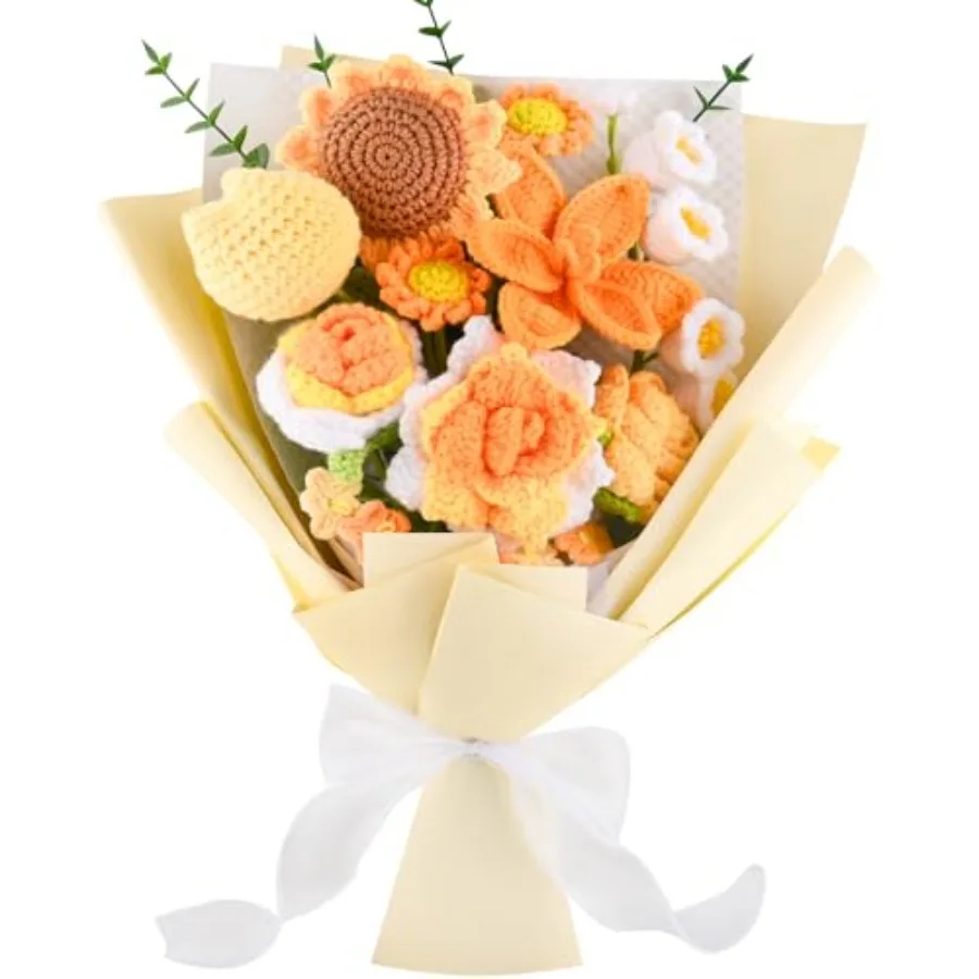 Crochet Flower Bouquet, Completed Handmade Crochet Flowers, Lily of The Valley, Roses, Tulips Mix Knitted Flowers Bouquet for M