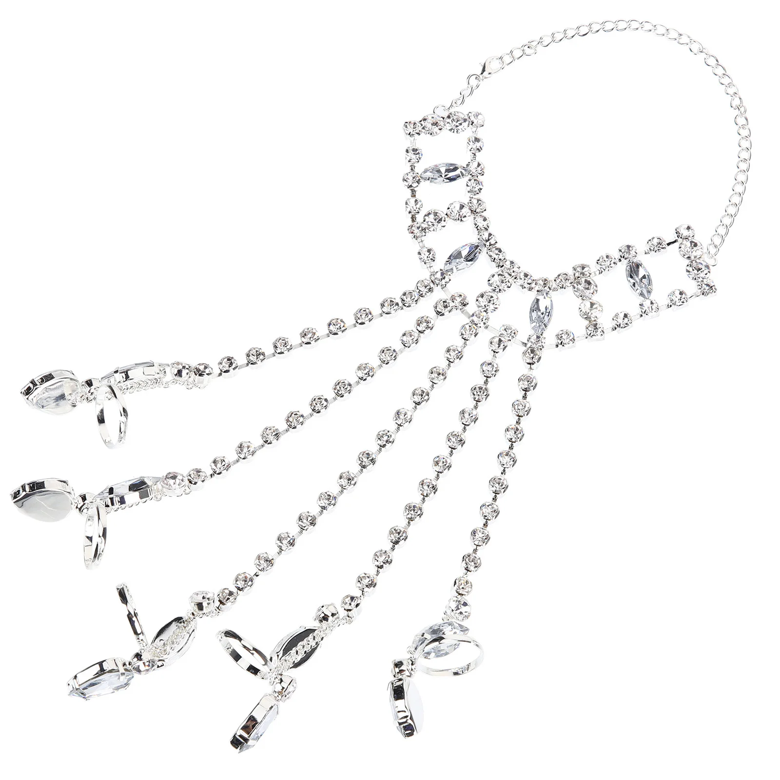 

Rhinestone Finger Bracelet Unique Elegant Fashion Hand Chain Bracelet Trendy Costume Jewelry for Women Teens Chain Rings