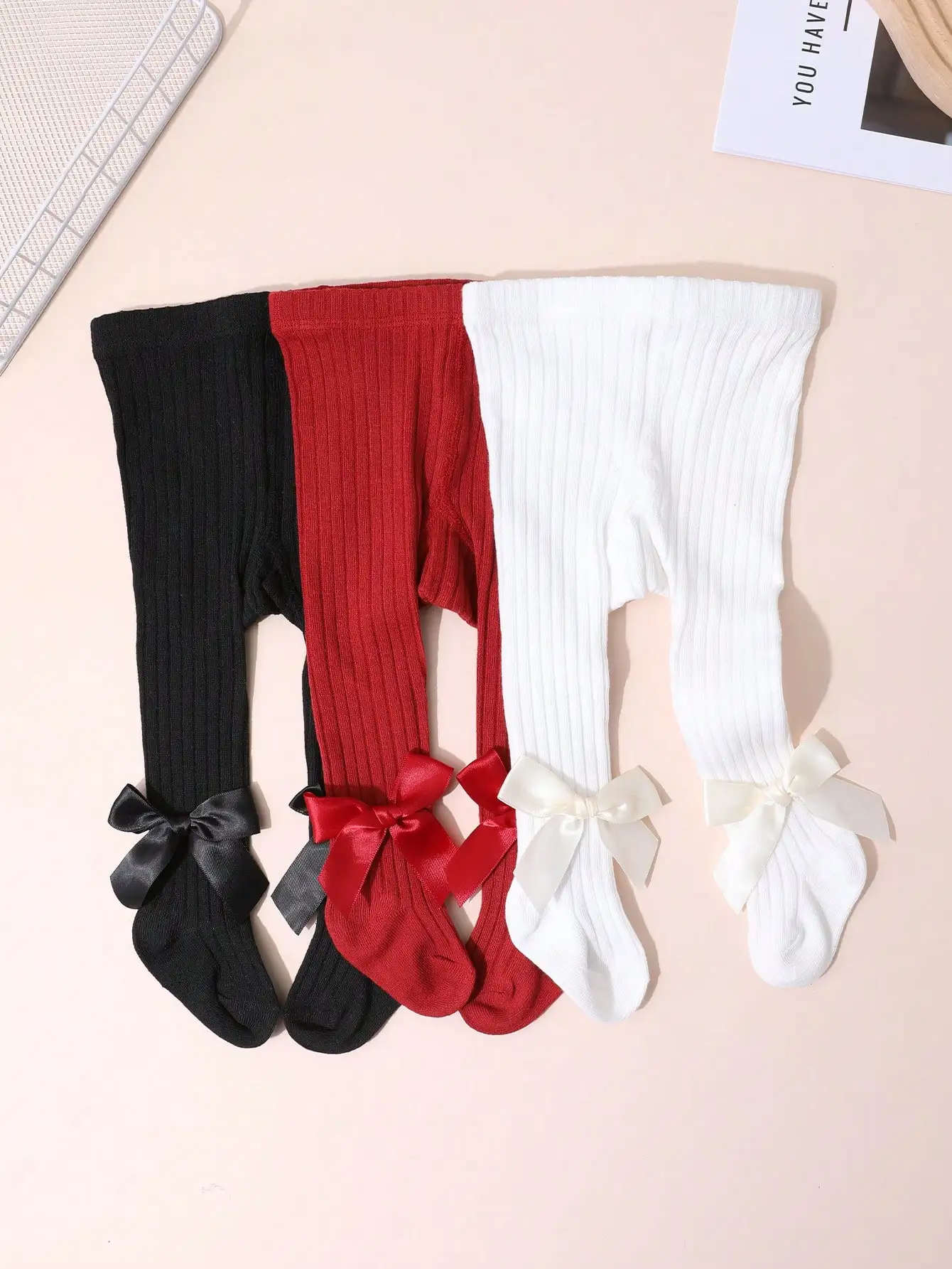 3Pack Toddler Baby Girls Vertical Rib Tights Glossy Satin Bow Soft Elastic Solid Pantyhose All Season Daily Outfit Leggings 0-2Y view 5