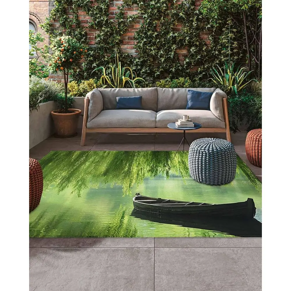 

Коврик для патио на открытом воздухе с зеленым листом и лодкой, нескользящий впитывающий коврик для террасы, заднего двора, крыльца