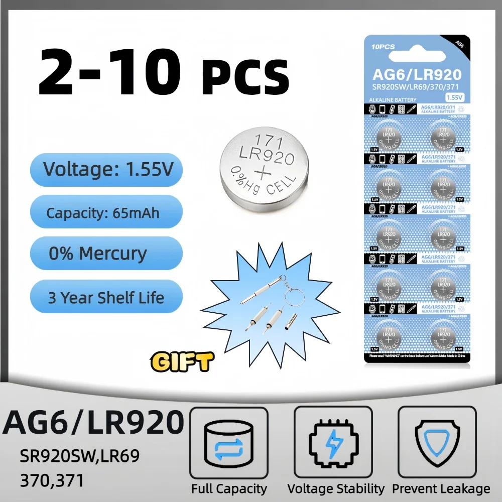 2-10PCS 1.55V AG6 65mAh 371 Button Batteries SR920SW LR920 SR927 171 370 L921 LR69 SR920  For Watch Toys Remote Cell Coin Batter