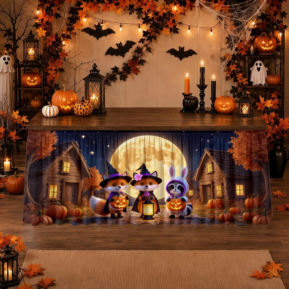 Table skirt - Cartoon Halloween style - Suitable for holiday parties - Autumn night scene - Party skirtxzj