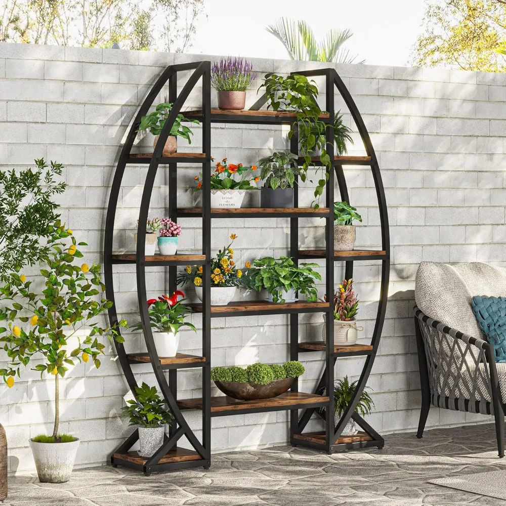 5 Tier Plant Stand Indoor, Half-Moon Shaped Large Plant Shelf, Industrial Curved Oval Flower Pot Rack for Living Room