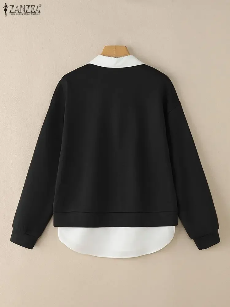 ZANZEA 2025 Jesienna Bluza Damska Imitacja Dwuczęściowej Bluzy Pulower Casualowe Bluzy z Długim Rękawem i Kapturem do Pracy Biurowej z Elementami Patchworkowymi