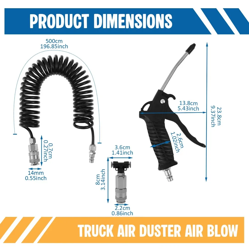 Air Blow Gun Kit with 16ft Long 8mm OD Coil PU Air Hose Air Duster Blow Gun with T Piece Quick Coupling for Truck Car Boat