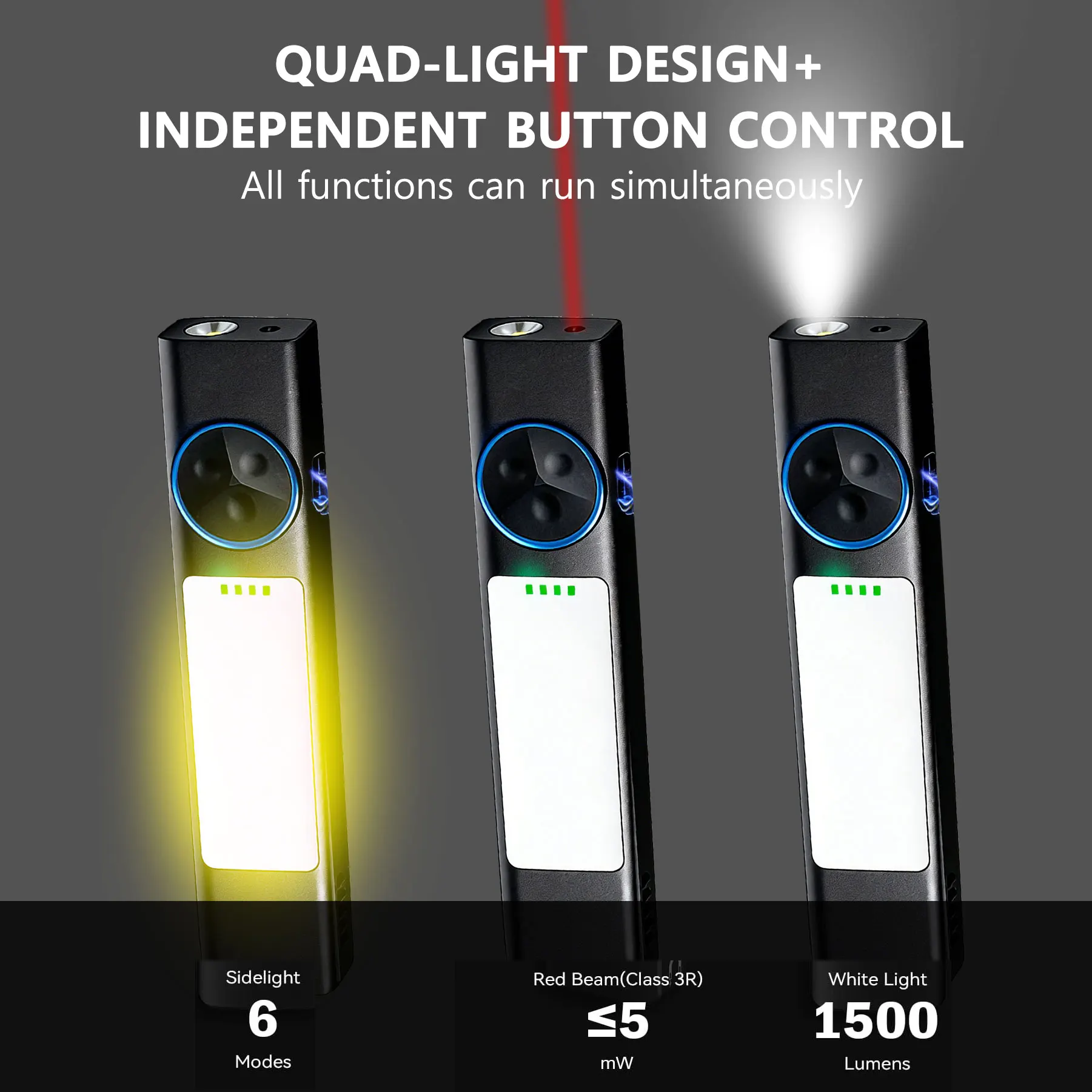 4-in-1 Multi Light Flashlight Independent Switches White/Yellow/Red/UV 365nm 1500LM Magnetic Base USB-C EDC Tactical Torch view 2