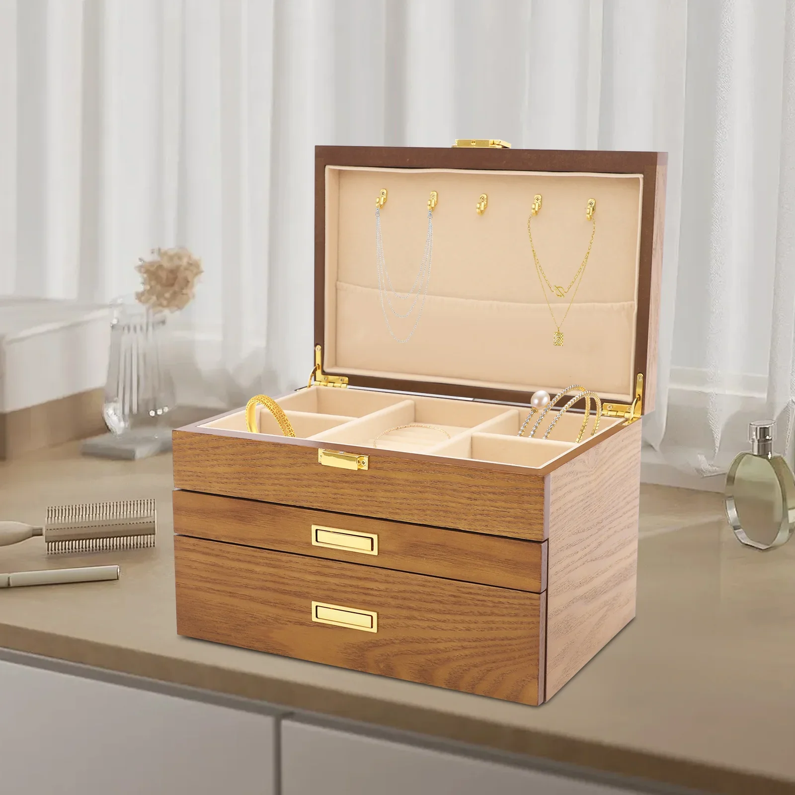 

NEW Jewelry Box with 2 Drawers, Rectangular, Made of Density Board, Lining Material Plush, Jewelry Box for Rings, Bracelets
