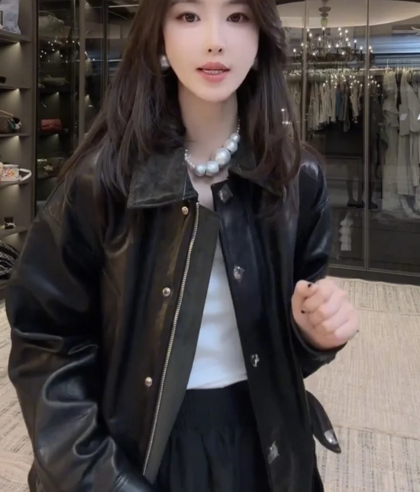 Chen Tai 2025 Wiosna Jesień Damski Długi Płaszcz ze Skóry Owczej Luźny Wyszczuplający Płaszcz Wierzchni Bla Prawdziwa Skóra Naturalna