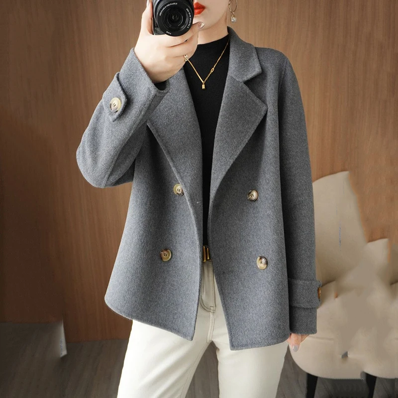 2025 Autumn Winter Women Woolen Overcoat Double Breasted Office Woolen Coat Solid Suit Collar Slim Fit Short Ladies Wool Jacket