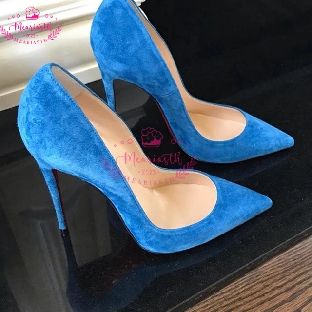 Meariasth blue Flock Women Pointed Toe Elegant Stiletto Heels Pumps Ladies Formal Dress Party Shoes Faux Suede Classic High Heel