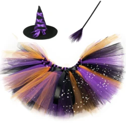 Girls Halloween Glitter Tutu Skirts Baby Ballet Tulle Pettiskirts with Witch Hat Broomsticks Kids Cosplay Party Costumes Cloth