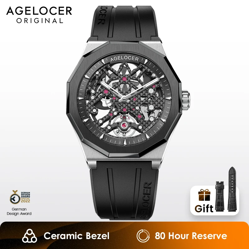 

AGELOCER Power Reserve Transparent Automatic Mechanical Watches Men Rubber Strap Sport Skeleton Watches Luminous Male Clocks