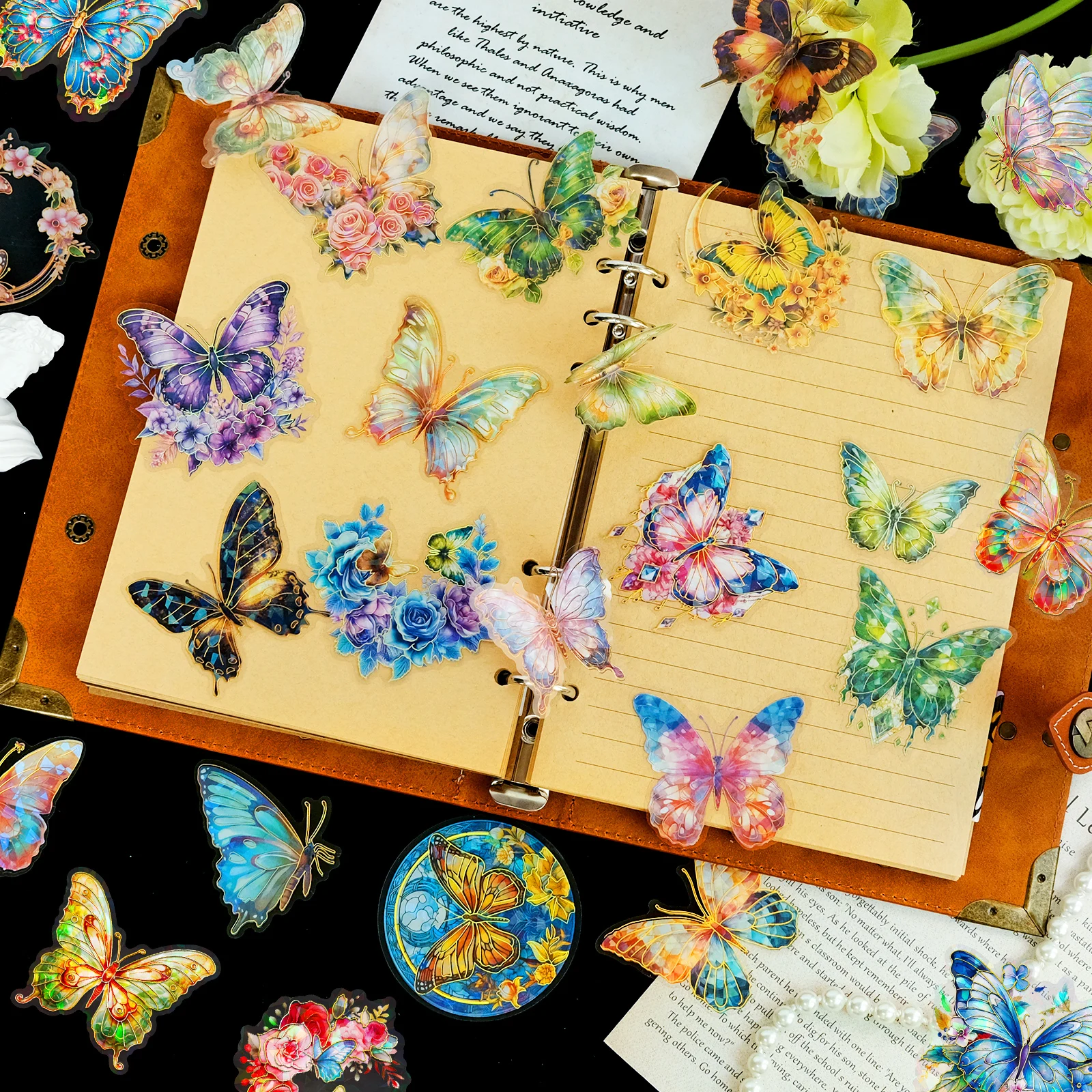 30 PCS Vintage Stamping Butterfly Stickers Glitter Butterfly Waterproof Transparent Decorative Decals PVC Holographic Stickers